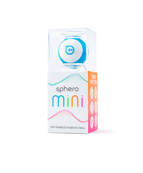 A blue Sphero Mini in plastic retail packaging.