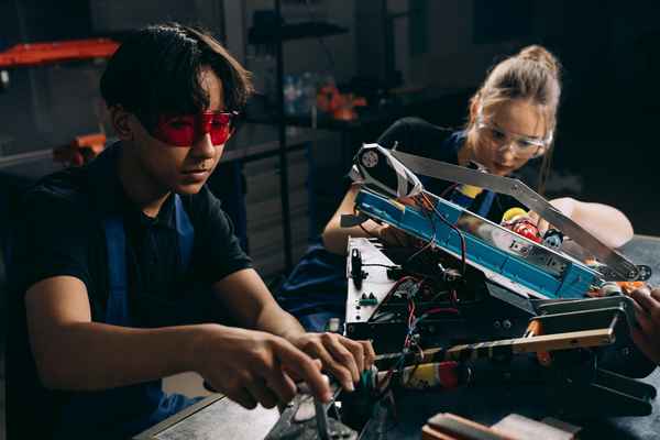 Two engineers building a machine.